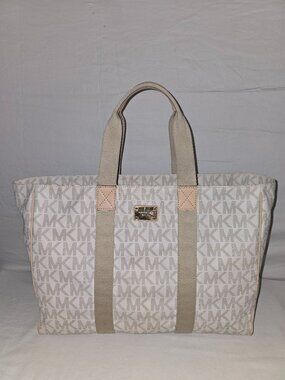 Michael Kors Jet Set XL Vanilla MK Logo Coated Canvas Weekender Travel Tote Bag
